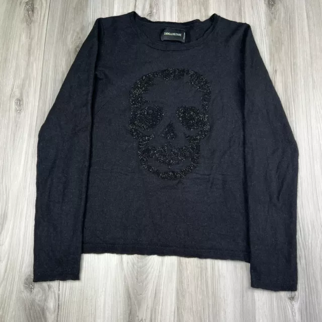 Zadig & Voltaire Cashmere Skull Graphic Print Sweater Womens Sz Small Black READ