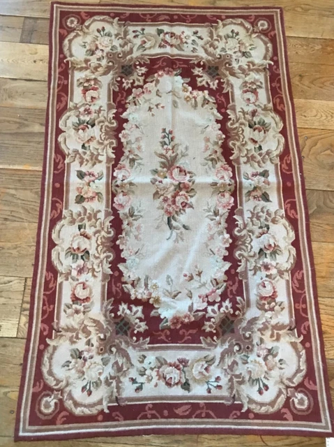 Vintage Aubusson Style Handmade Needlepoint Rug Floral 35 x 59 inches Victorian