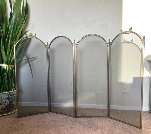 Vintage Four Panel Folding Heavy Brass Copper & Mesh Fireplace Screen Overall