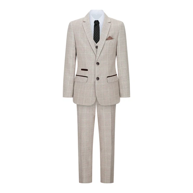 Abito da Ragazzo 3 Pezzi Tweed Beige Marrone Classico Retro Vintage