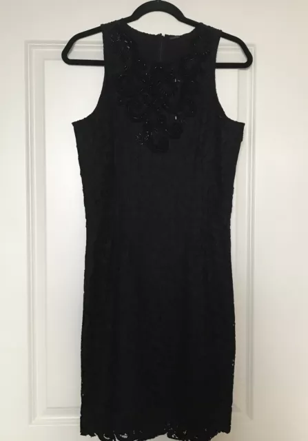 Elie Tahari Dress 10 Black Donna Sleeveless Lace Knit Sheath Beaded Dressy