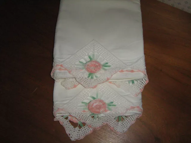 Vintage Pair white PILLOWCASES hand crocheted pink rosette  & edging 32" x 20.5" 2