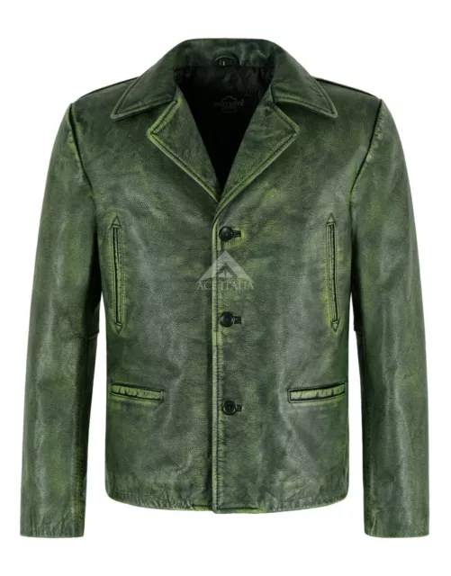 Mens 70's Green Vintage Classic Collared Blazer Real Cowhide Leather Jacket 4162