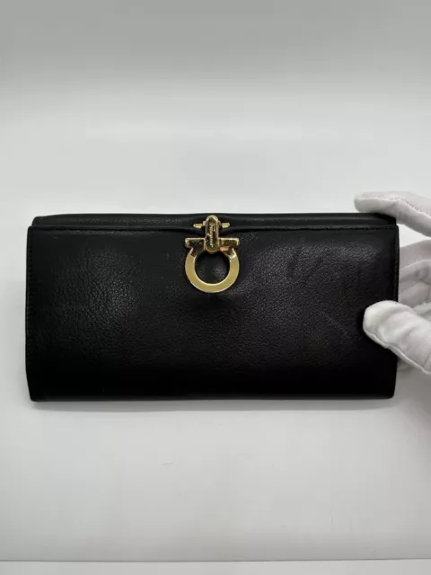 Salvatore Ferragamo Bifold Card Holder Long Wallet Black Gold Leather Gancini