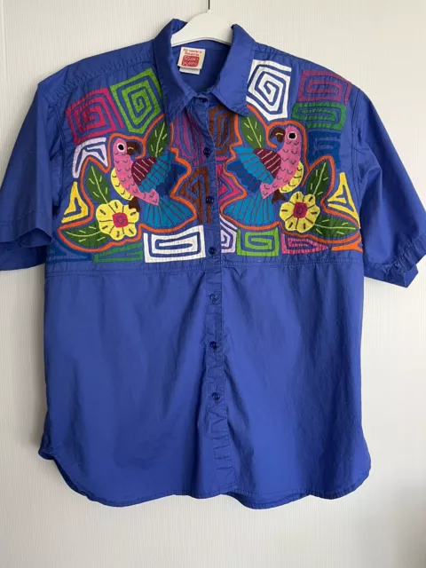 Vtg~MY NAME IS PANAMA Shirt~Hand Embroidered Quilted Parrot Blue~Mens XXL~EUC