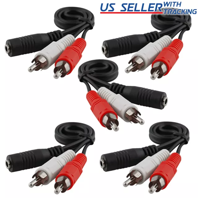 (5-pack) 2-RCA Male to 3.5mm Female Aux Mini Plug Stereo Audio Adapter Cable 5X