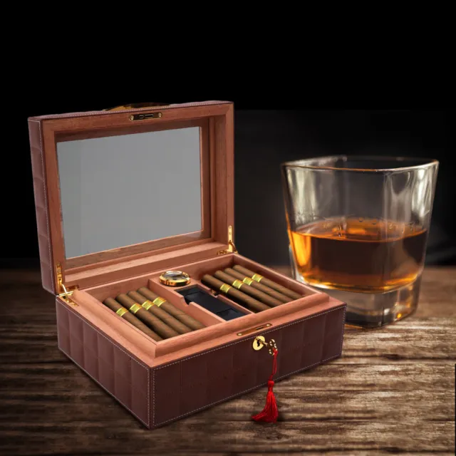 VINTAGE CIGAR HUMIDOR Large Wood Cigar Box Set W/ Built-in Hygrometer ...