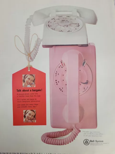 1965 Bell Telephone System pink wall rotary dial white table phone vintage ad