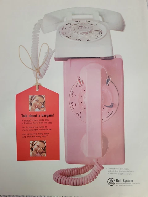 1965 Bell Telephone System pink wall rotary dial white table phone vintage ad