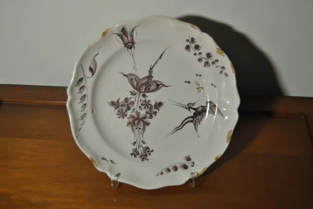 Assiette ancienne 18 siècle faience est France Lunéville oiseau manganèse