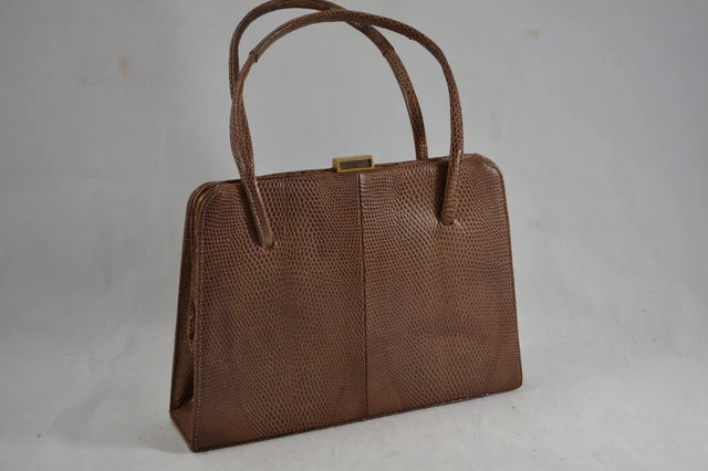 VINTAGE HARRODS BROWN lizard skin leather kelly bag/handbag suede