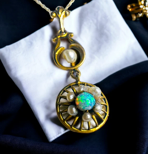 Antique 10k Yellow Gold Art Nouveau Opal Seed Pearl Necklace Victorian Lavalier