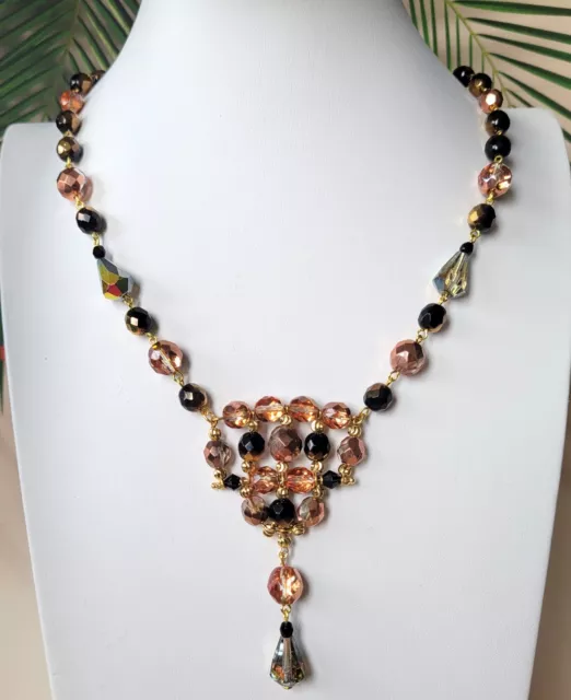 Necklace 18'' Pink/Black Czech Glass Old Beads Women`s Jewelry Art Deco Style