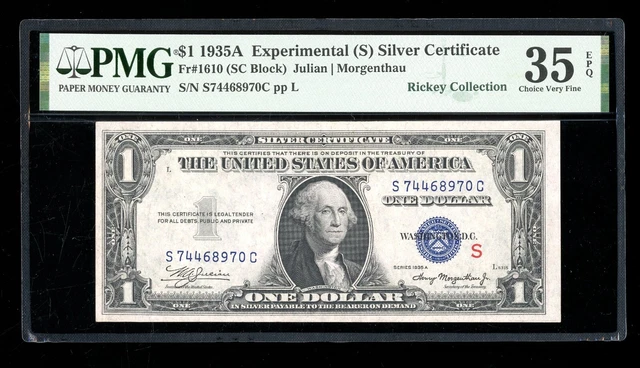 DBR 1935-A $1 Silver Experimental (S) Fr. 1610 PMG 35 EPQ Serial S74468970C