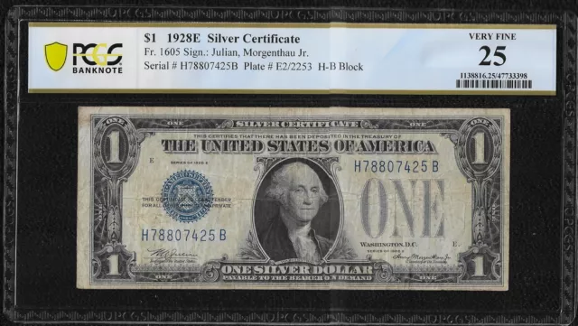 1928-E FR#1605 $1 Funny Back Small Silver Certificate "PCGS VF25"