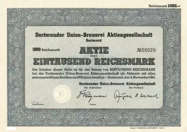Lot 10 X Dortmunder Union-Brauerei Aktiengesellschaft 1941 1000 RM