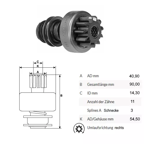 Pignon Transmission à Roue Libre 11 Dent pour Démarreur De Bosch Ejd 0001354