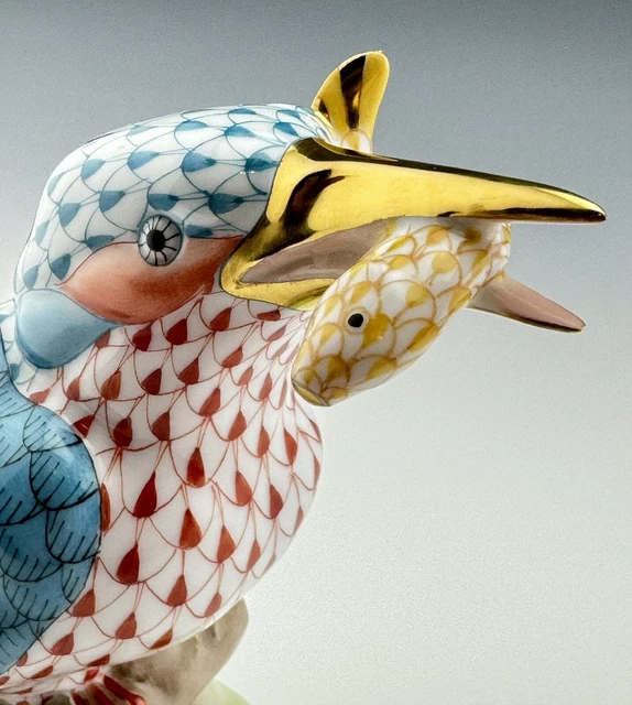 🦋 MINT HEREND KINGFISHER Turquoise & Rust & Butterscotch Fishnet Bird Figurine