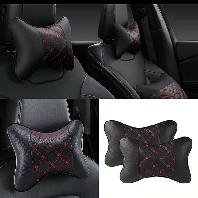 2pcs Black PU Leather Car Neck Pillow Headrest Soft Comfortable Pillow Cushion