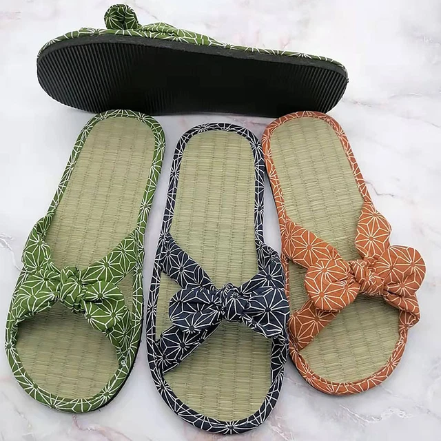 Ladies Straw Mat Slippers Casual Bow Rattan Grass Dude Sandals for Women