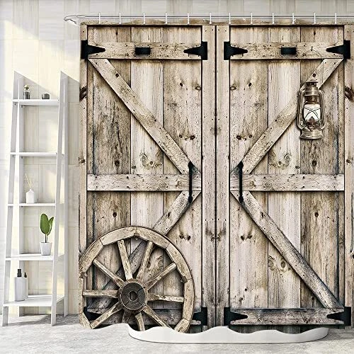 Rustic Barn Door Shower Curtain Farmhouse Wooden Vintage Weatern American Sty...