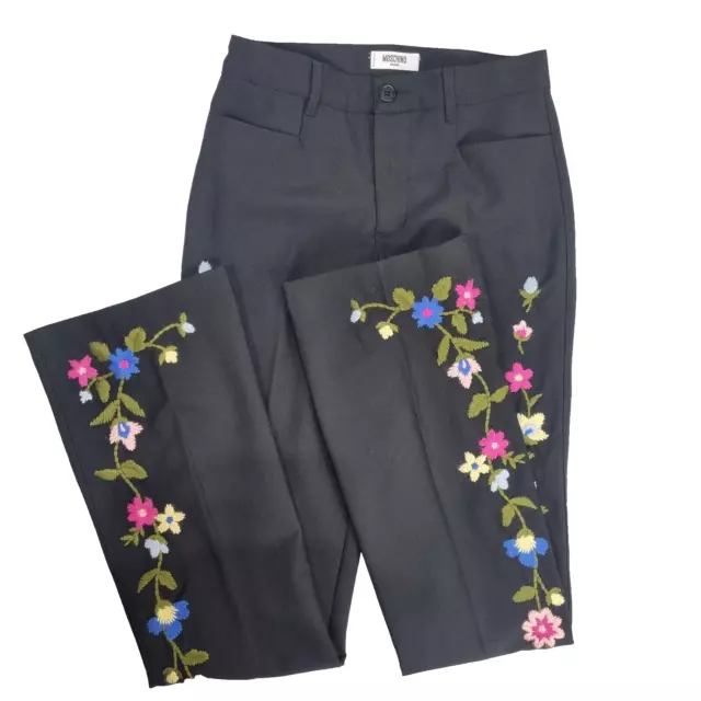 Moschino Jeans Ladies Trousers Black Size 8 Y2K Floral Festival Embroidered