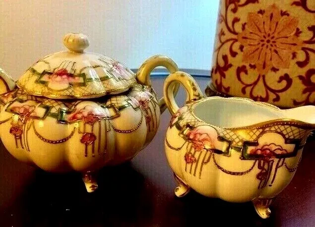 Antique Nippon Hand Painted Set Creamer and Sugar Bowl Gold Encrusted