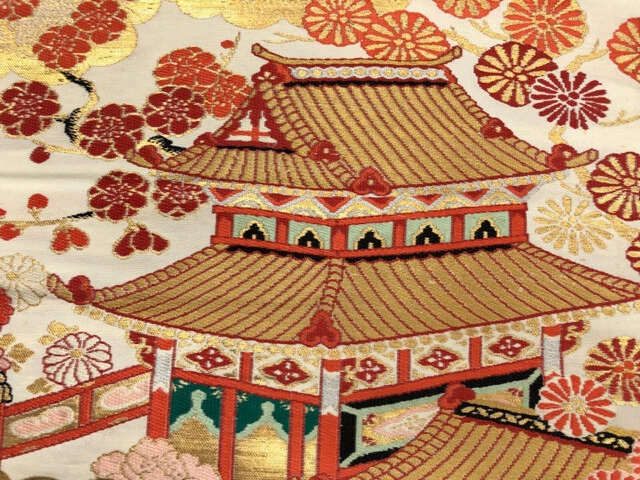 6197403: Japanese Kimono / Antique Nagoya Obi / Woven Scenery Of Mansion