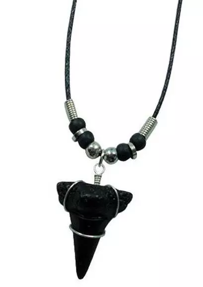 2 BLACK SHARK TOOTH PENDANT ROPE NECKLACE w silver beads 18 IN mens womens JL567