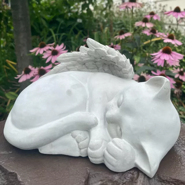 Estatua de jardín conmemorativo de gato adorno ángel concreto 10" marcador de piedra alas regalo