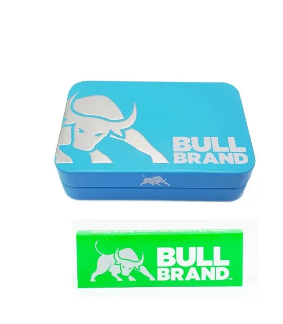 BULL BRAND TOBACCO TIN Embossed 1oz BLUE with 1  Regular Booklet