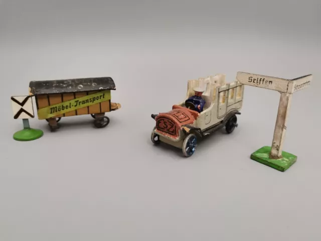 Antik alt Miniatur Erzgebirge Seiffen Spielzeug Holz Szene v.1945 RAR Auto Wagen