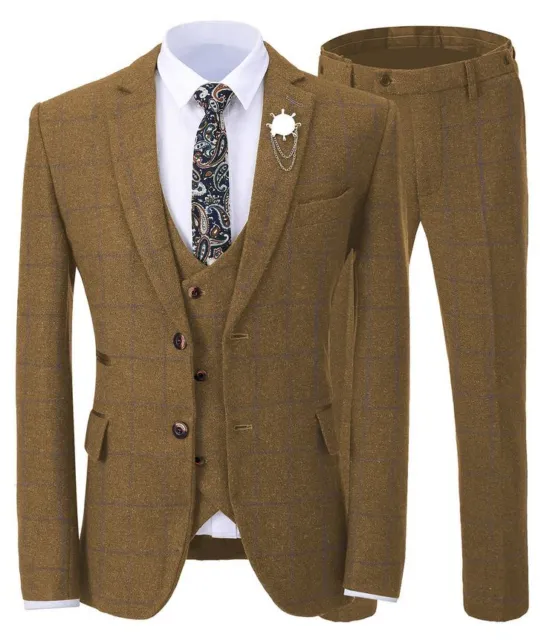 Brown Plaid Men Suit Tweed Vintage Check Leisure Party Tuxedo Wedding Prom Suit