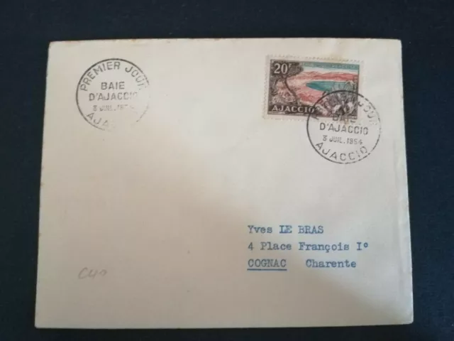 France Premier Jour Fdc Yvert 981 Ile De Beaute Corse Baie 20F Ajaccio 1954