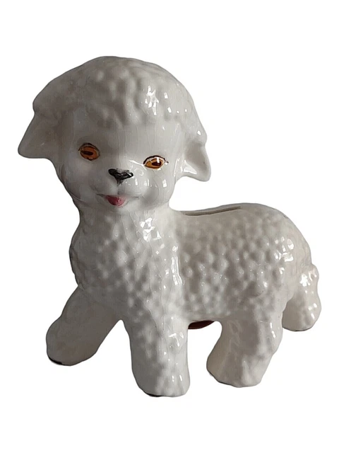 Vintage White Lamb Sheep Happy Face Textured Ceramic Pottery Figurine  Bank