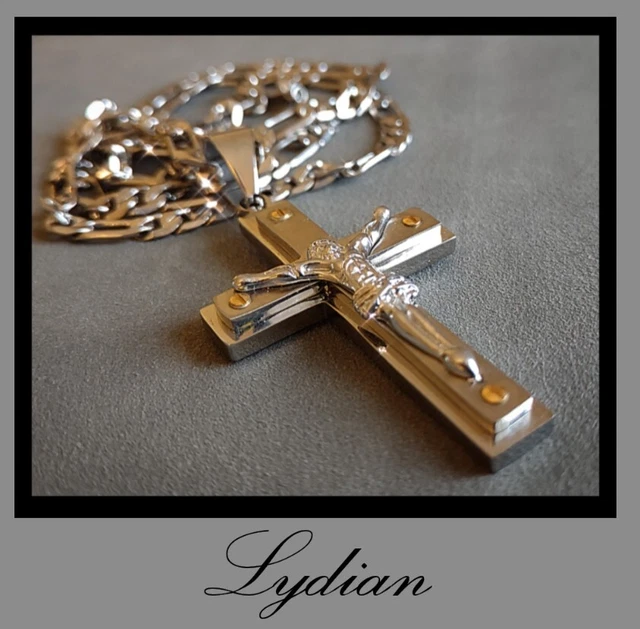 Large CRUCIFIX & CHAIN Polished Stainless Foss Vintage Heavy 65g, 17.5" Sharp!