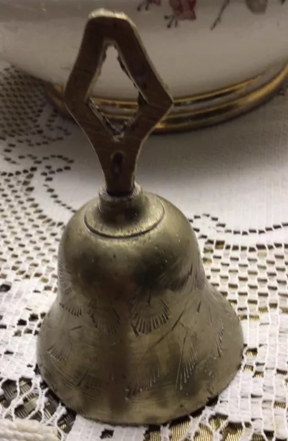 Antique Beautiful Etched design Solid Brass 4” Collectible Old Schoolhouse Bell.