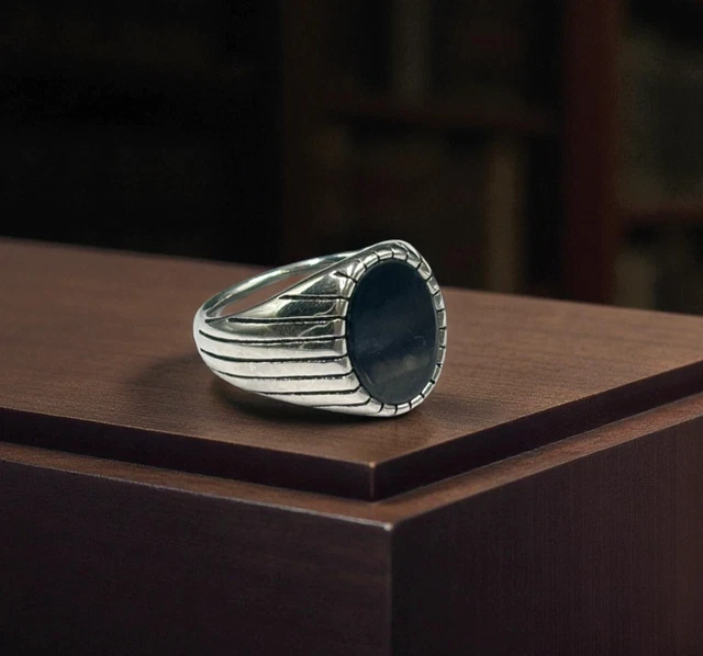 Anello Uomo In Acciaio Inox Con Pietra Onice Nera - Stile Art Decò