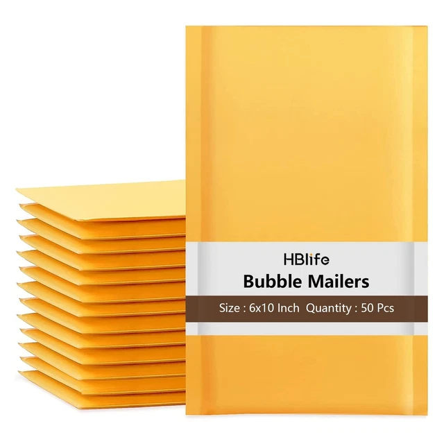 HBlife 50Pcs Bubble Mailers, 6x10 Inches Self Seal Kraft Poly Mailers, Padded...