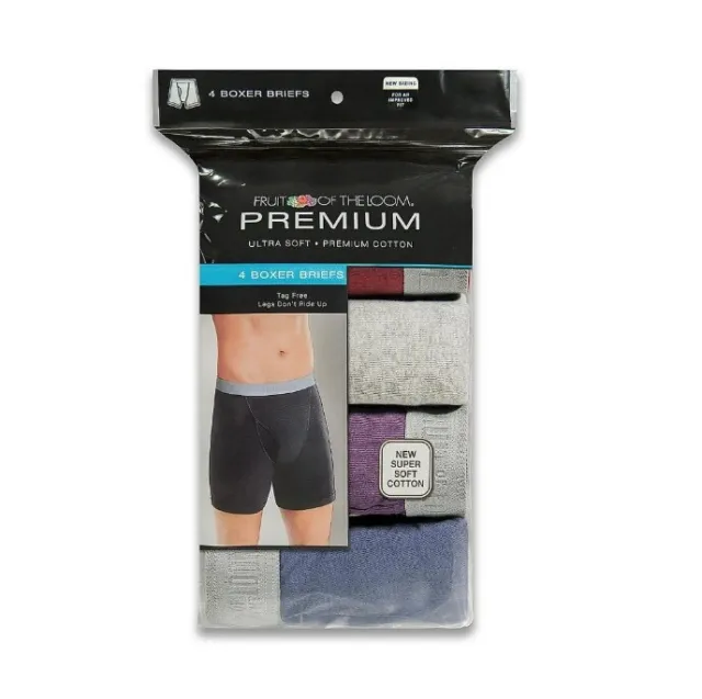 Fruit of the Loom Mens Premium Cotton Blend Boxer Briefs 4-Pack Small to X-Large