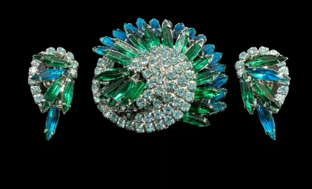 Vintage Juliana D&E Glass Peacock Rhinestone Pin Brooch Earrings Set