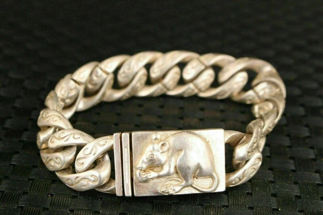 Rare Chinese Old Tibet Silver Handmade Mouse Statue Bracelet Jewelry Gift