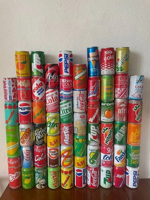 Set di 55 lattine di soda di latta vuote vintage da collezione, anni '90...