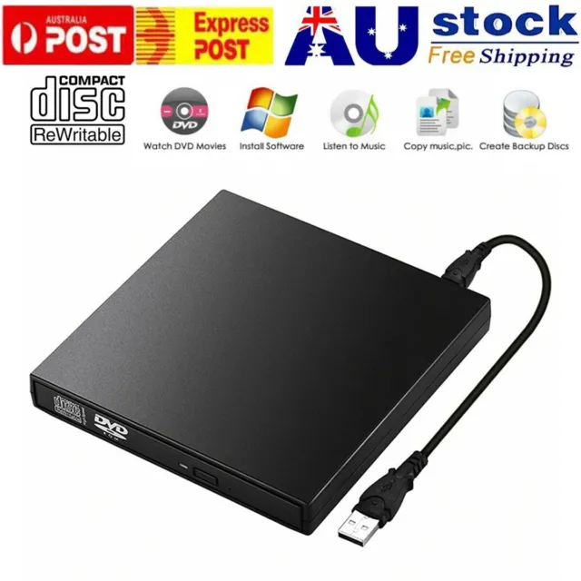 USB 2.0 External CD DVD ROM Writer Burner Player Drive PC Laptop for Mac Windows
