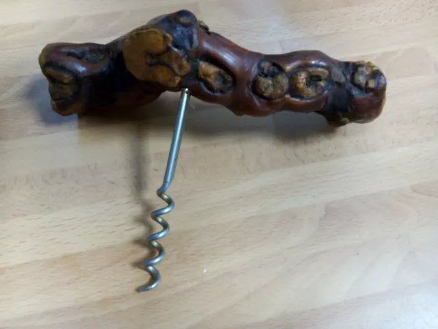 Vintage Wooden Corkscrew with Large Knarled Wooden Handle, 16cm across  in VGC