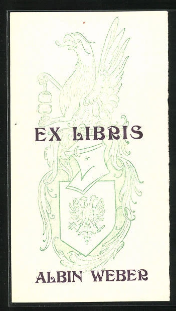 Exlibris Albin Weber, escudo de armas con casco de caballero y agarre