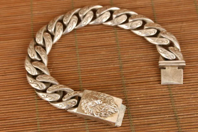 chinese old tibetan silver hand cast lion leo statue bracelet jewel gift