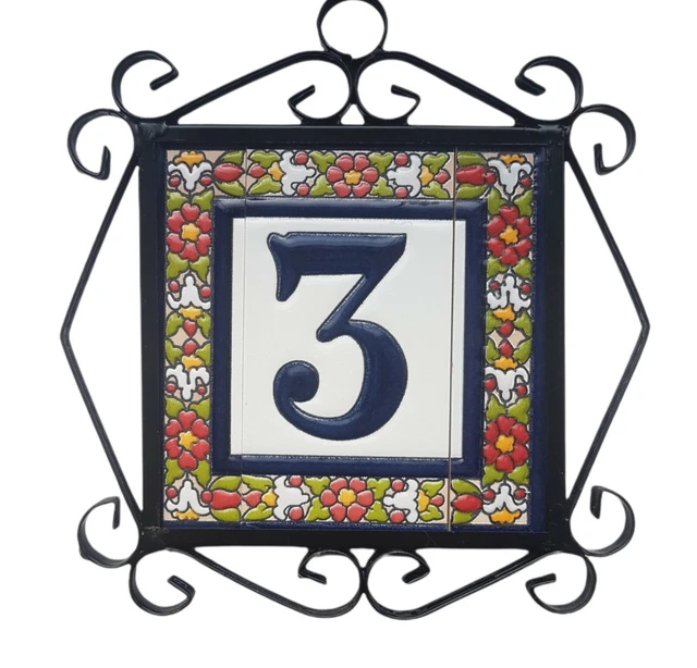 11cm x 5.4cm Ceramic Hand-Painted Spanish Floral Number, Letter Tiles & Frames