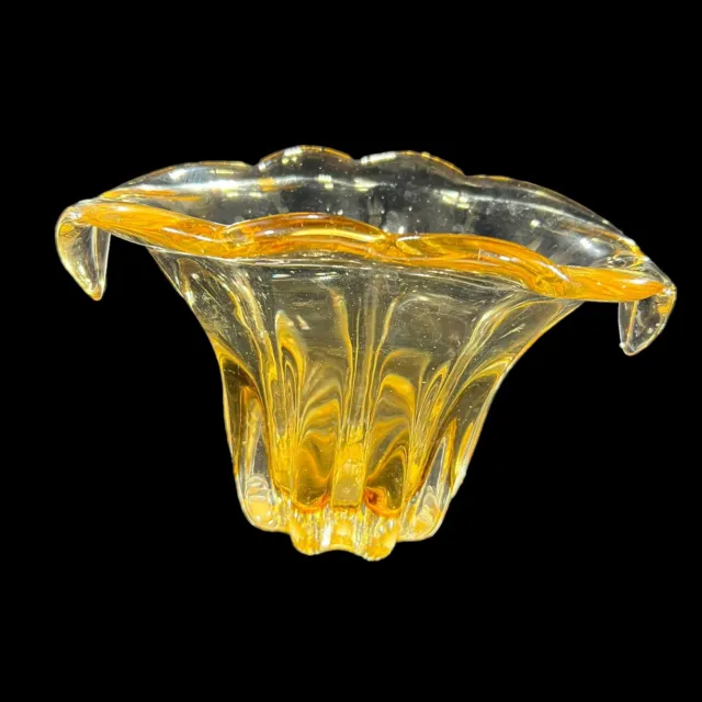 Vtg Hand Blown Art Glass Waterfall Pale Yellow Gold Thick Vase Heavy Teleflora
