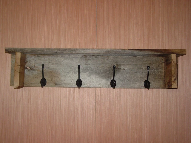 Wood Shelf and Coat Rack Robe Hooks - Rustic Weathered Reclaimed Barnwood